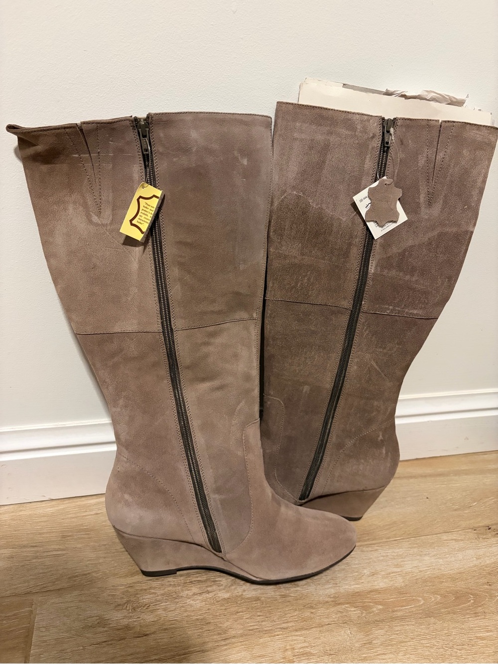 New Legroom Taupe Leather Wedge Knee-High Boots
